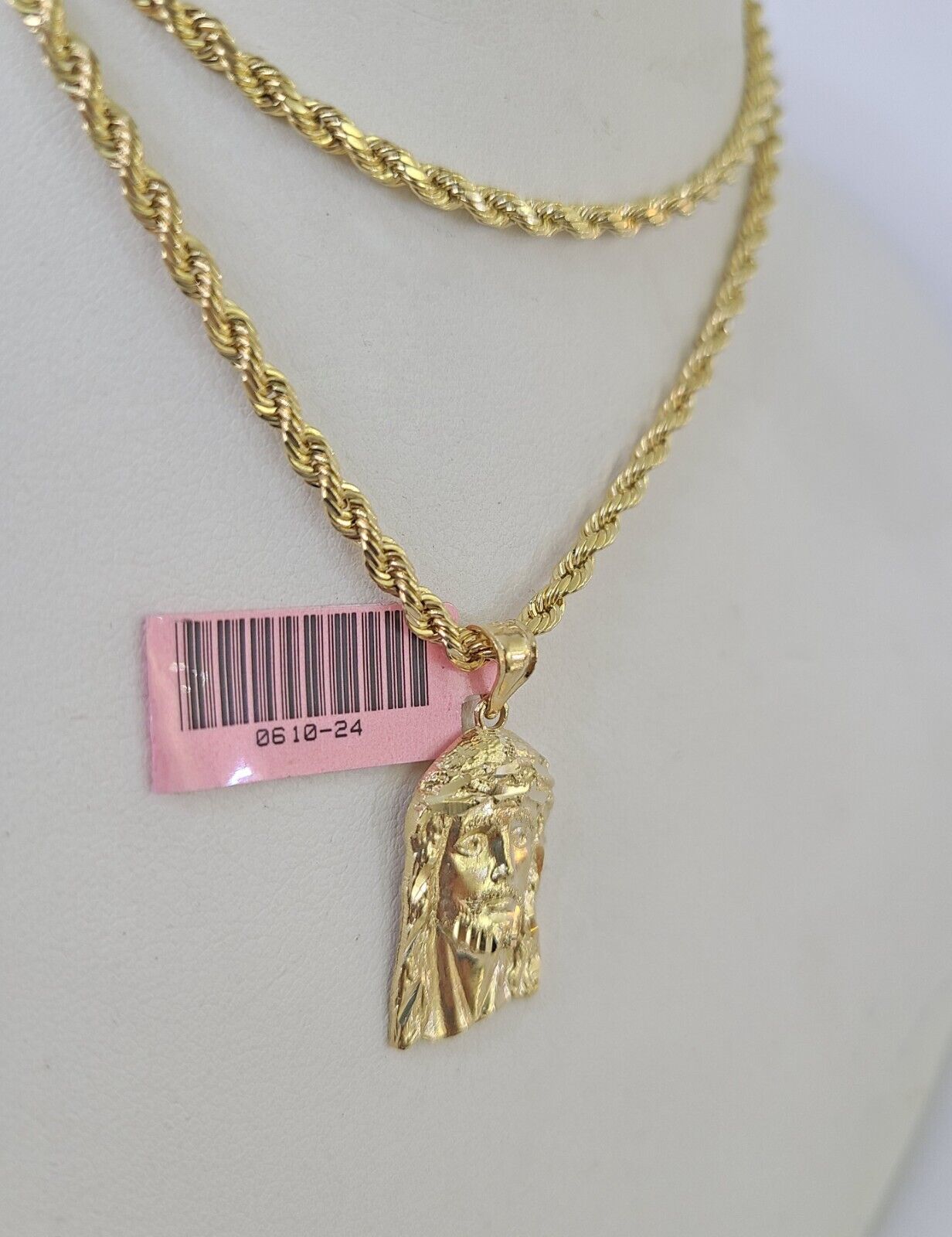 Real 14k Rope Chain Jesus Head Charm Set Yellow Gold 3mm 18 - 30" Necklace Pendant - GoldenlinQ